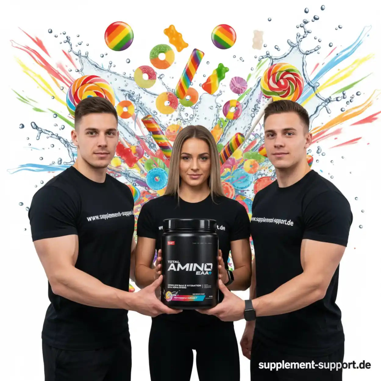 Total Amino EAA+ Aminosäuren Supplement mit drei Personen vor buntem Süßigkeiten-Hintergrund