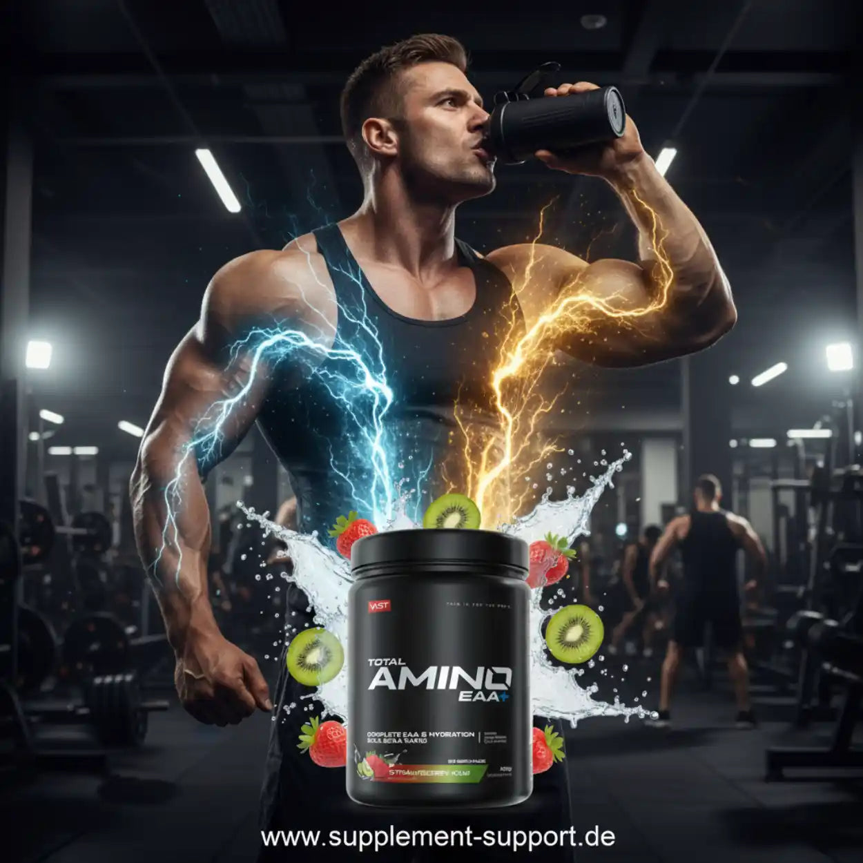 Muskulöser Mann trinkt Amino EAA+ in Fitnessstudio – Protein, Booster, Vitamine