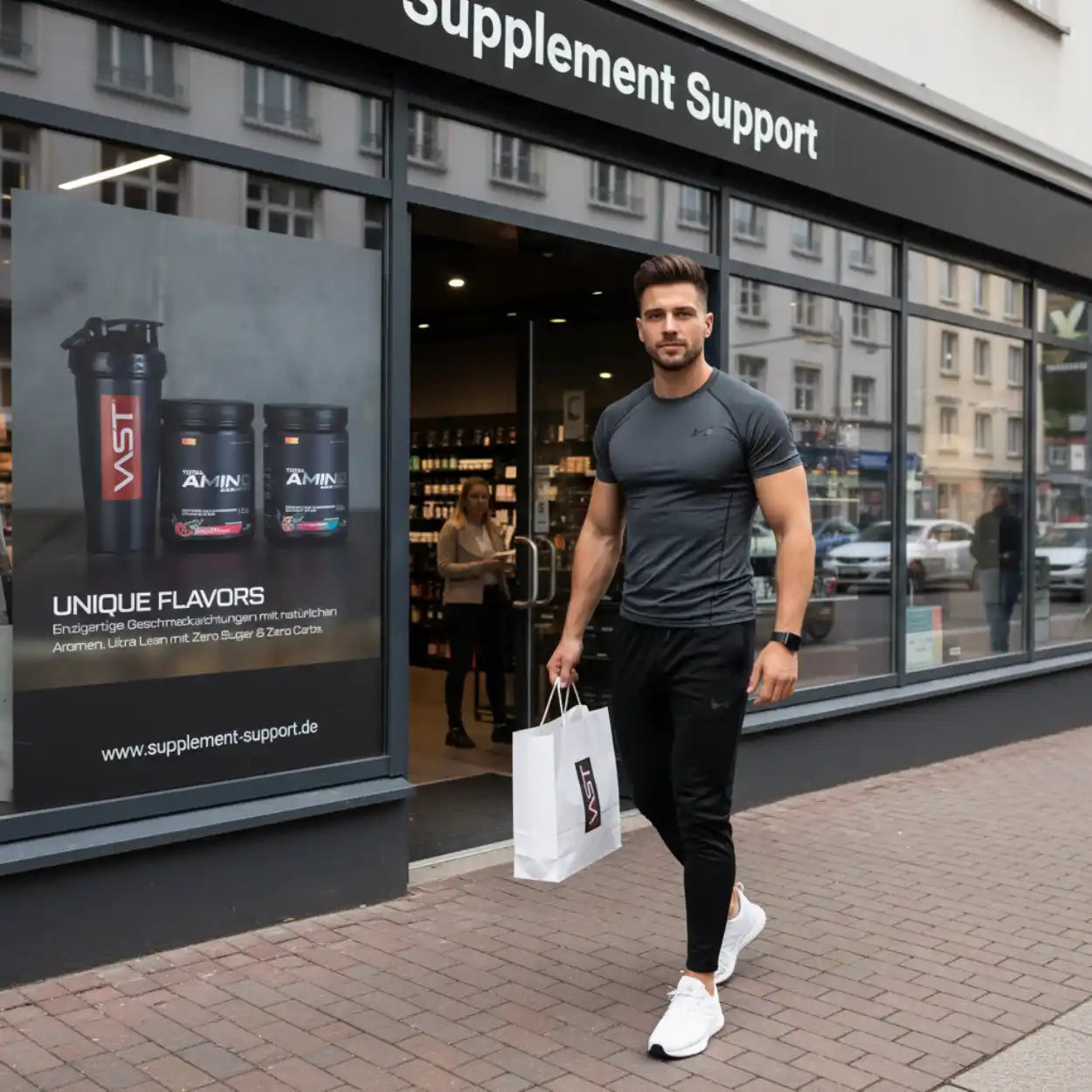 Muskulöser Mann mit Einkaufstüte vor Supplement Support Shop, Protein & Amino Produkte