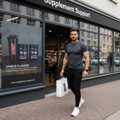 Muskulöser Mann mit Einkaufstüte vor Supplement Support Shop, Protein & Amino Produkte