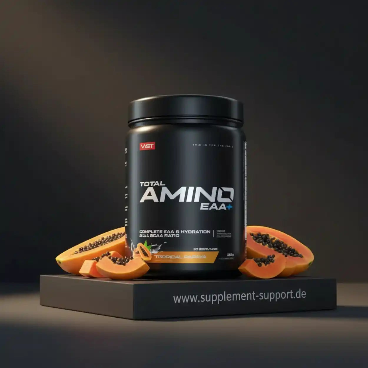 VST Total Amino EAA+ in Tropical Papaya Geschmack, Aminosäuren-Booster mit Papaya-Stücken