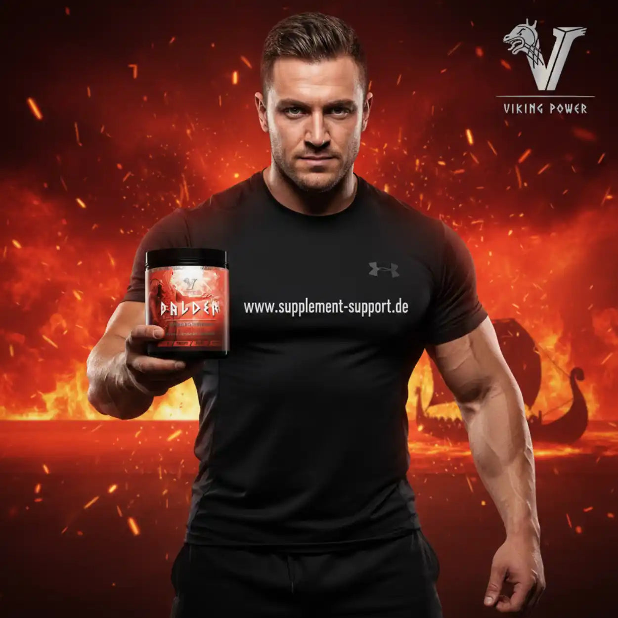 Muskulöser Mann mit Protein-Booster von Viking Power vor Feuerhintergrund