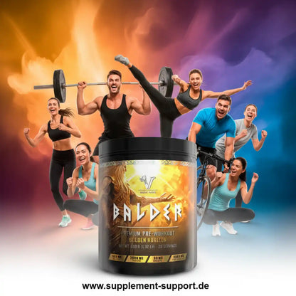 Balder Premium Pre-Workout Golden Horizon – Energiebooster für Sport und Fitness mit dynamischen Athleten im Hintergrund