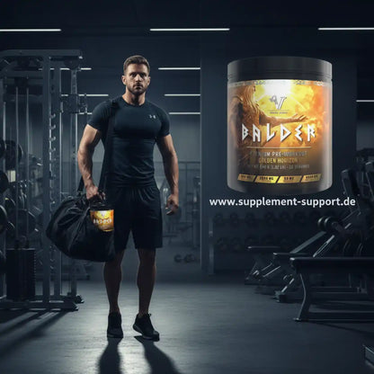 Muskulöser Mann mit Balder Pre-Workout in Fitnessstudio, Protein & Booster für Sportler