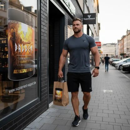 Muskulöser Mann mit Balder Pre-Workout Einkaufstüte vor Supplement Store