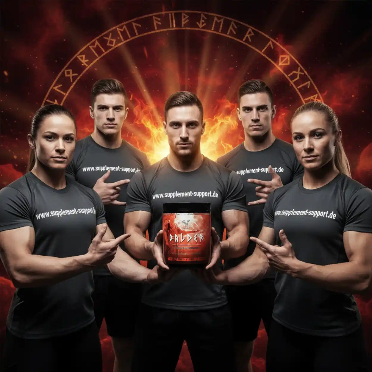 Muskulöse Athleten präsentieren BALDER Pre-Workout Booster vor feurigem Hintergrund