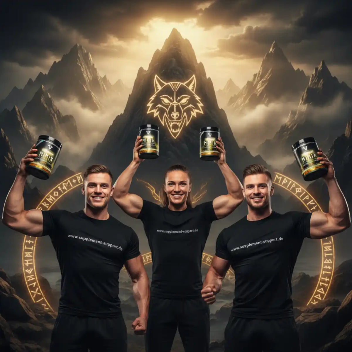 Muskelstarke Athleten mit Nahrungsergänzungsmitteln vor Bergpanorama, Wolf-Logo, Supplement Support