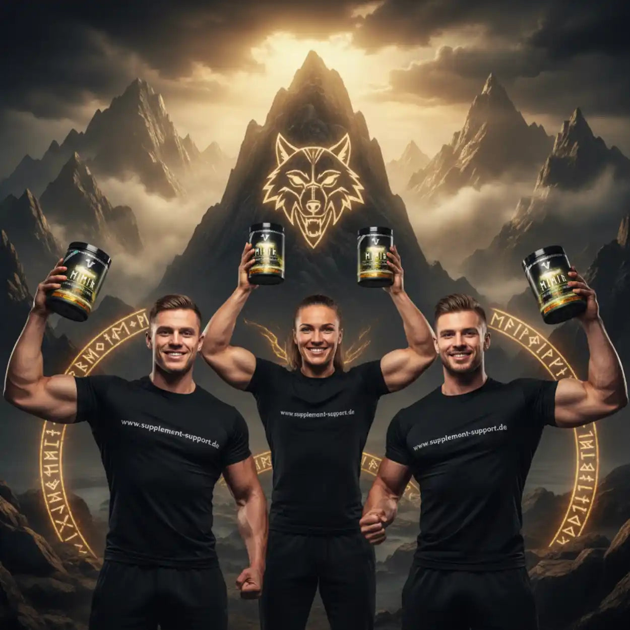 Muskelstarke Athleten mit Nahrungsergänzungsmitteln vor Bergpanorama, Wolf-Logo, Supplement Support