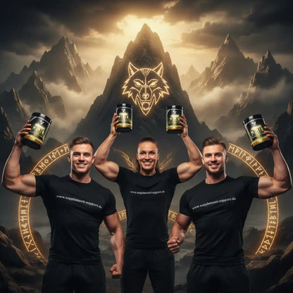 Muskelstarke Athleten mit Nahrungsergänzungsmitteln vor Bergpanorama, Wolf-Logo, Supplement Support