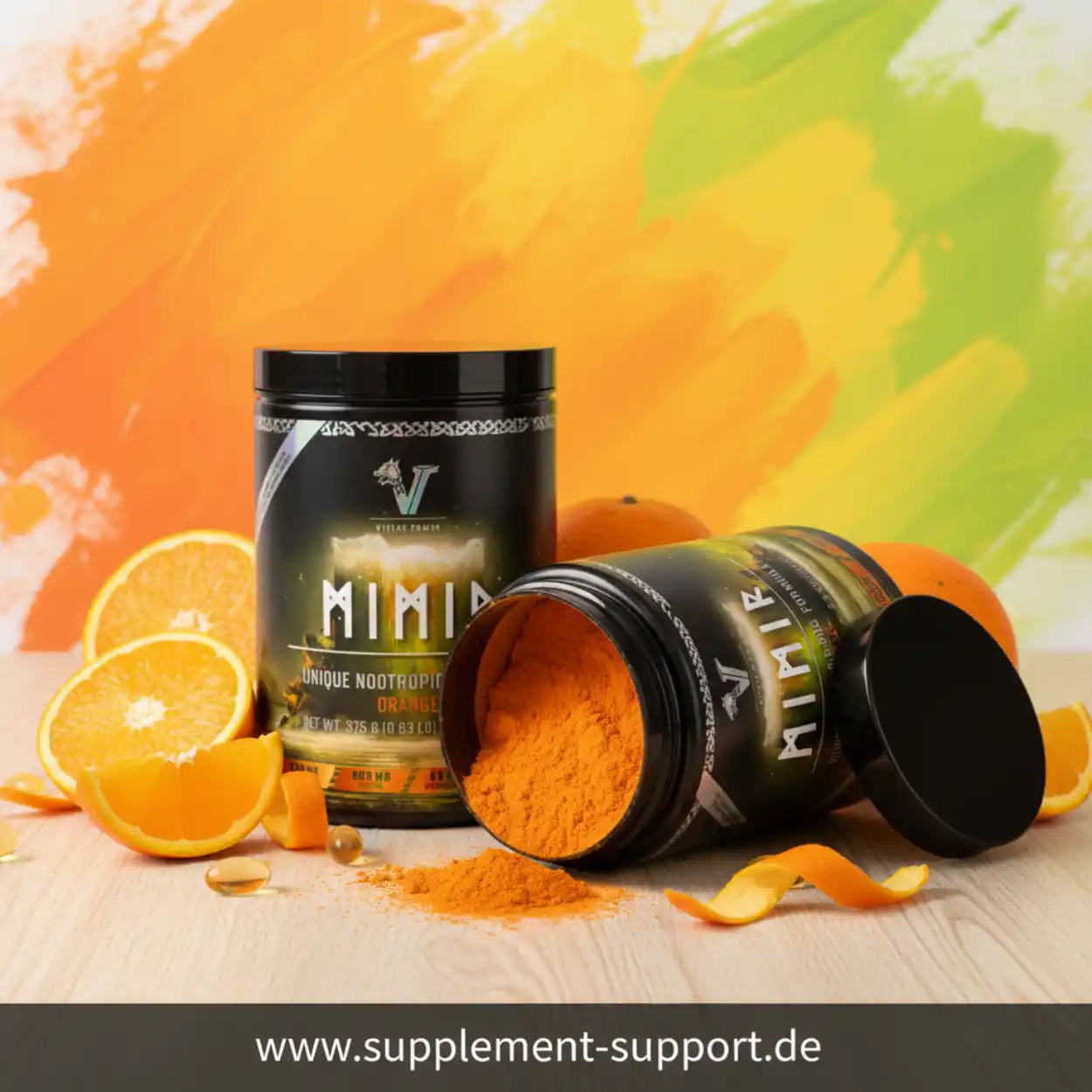 Orange Nootropik-Pulver in Dose mit frischen Orangen, ideal für Sportnahrung und Vitamine
