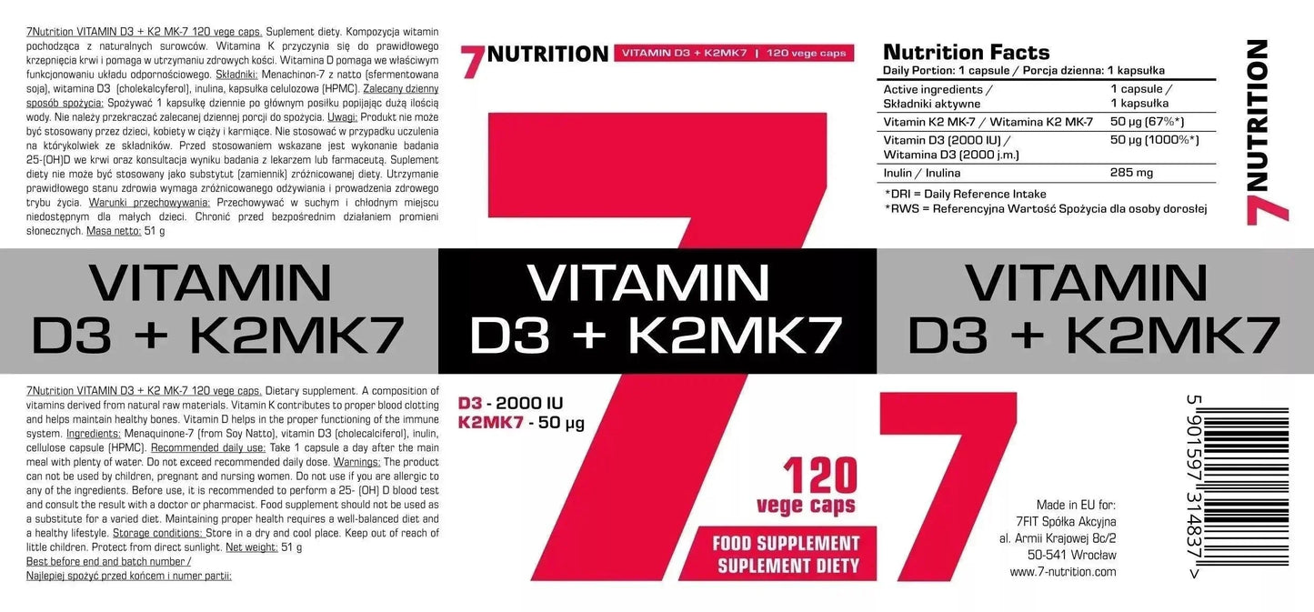7Nutrition Vitamin D3 K2 MK7 Nahrungsergänzung, 120 Kapseln, Produktetikett auf Deutsch und Englisch