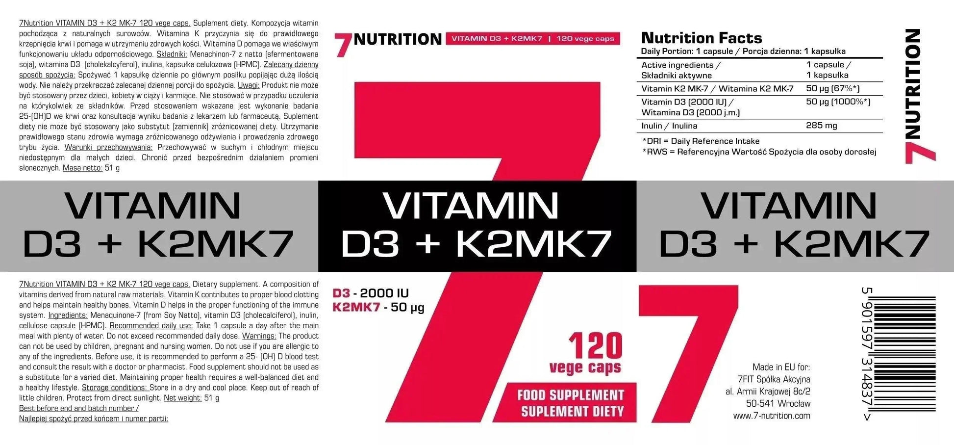 7Nutrition Vitamin D3 K2 MK7 Nahrungsergänzung, 120 Kapseln, Produktetikett auf Deutsch und Englisch