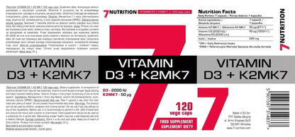 7Nutrition Vitamin D3 K2 MK7 Nahrungsergänzung, 120 Kapseln, Produktetikett auf Deutsch und Englisch