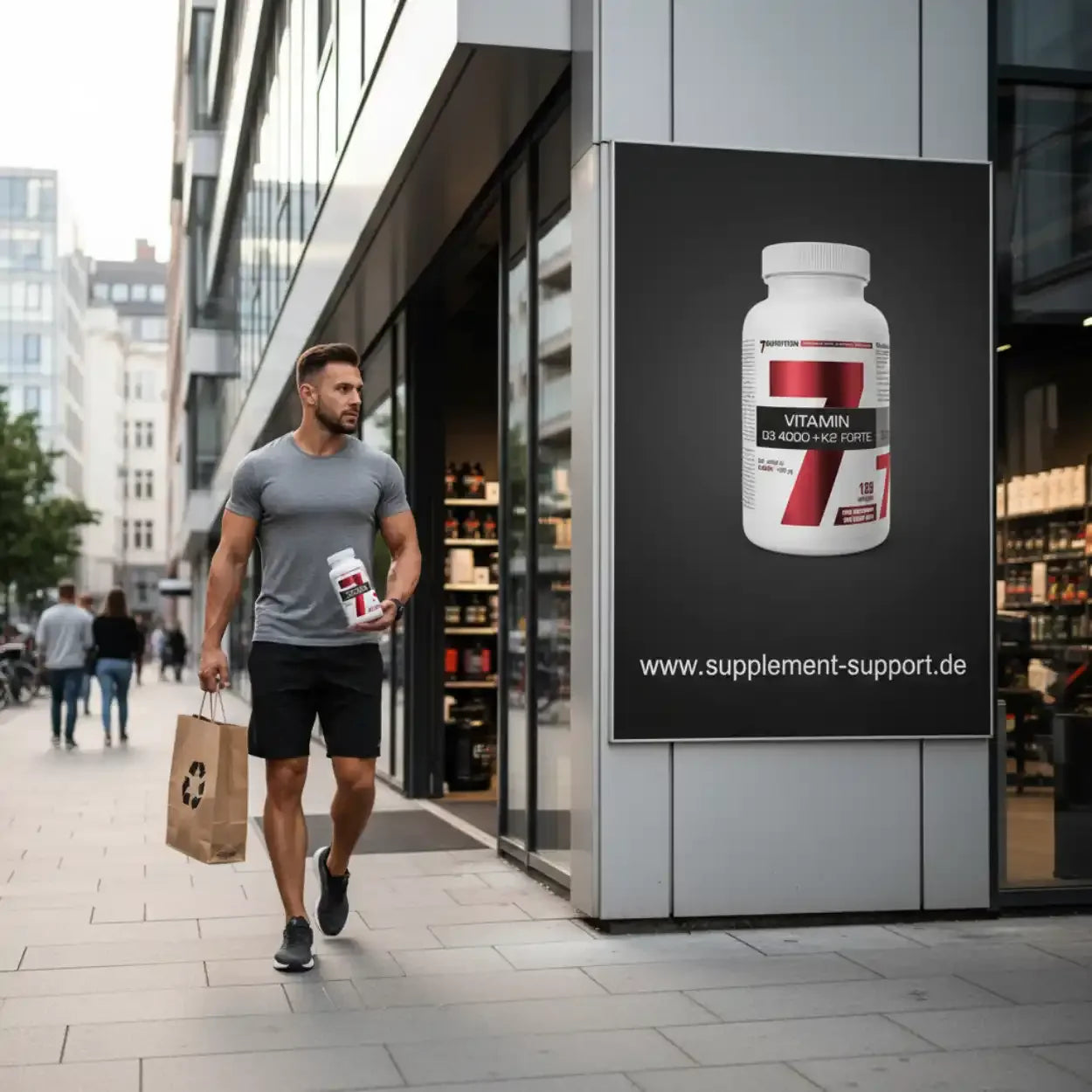 Muskulöser Mann mit Vitamin D3 + K2 Forte Flasche vor Supplement-Store