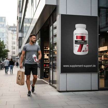 Muskulöser Mann mit Vitamin D3 + K2 Forte Flasche vor Supplement-Store