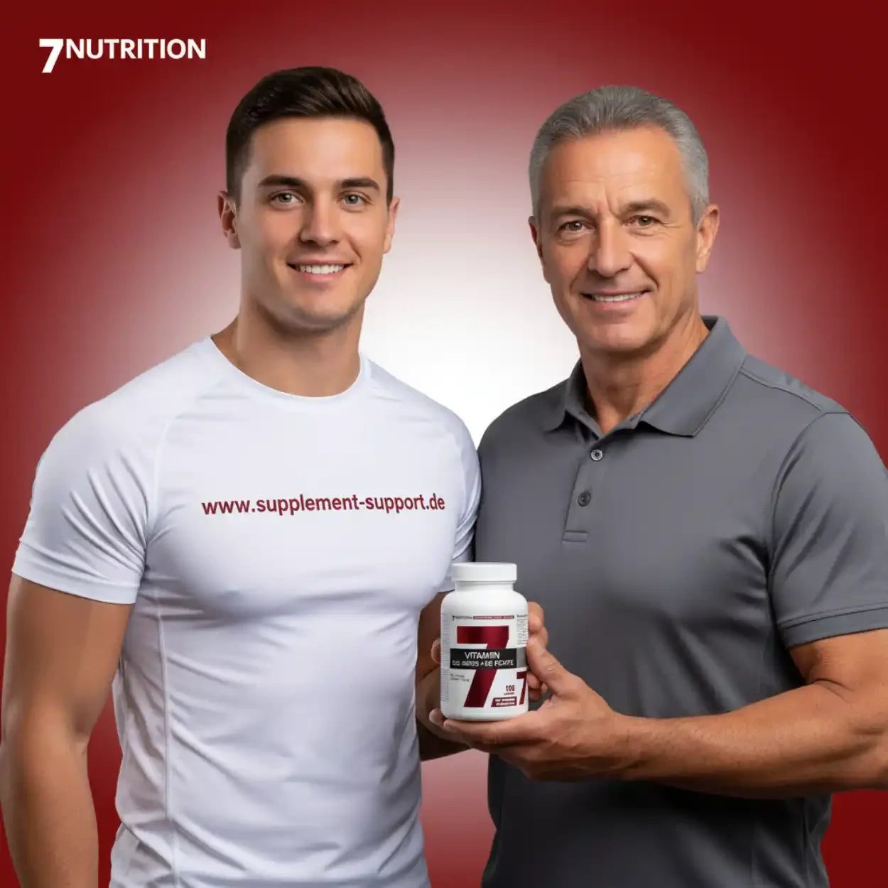 Mann hält Vitamin-7-Nahrungsergänzungsmittel, ideal für Sportler und Fitness-Enthusiasten
