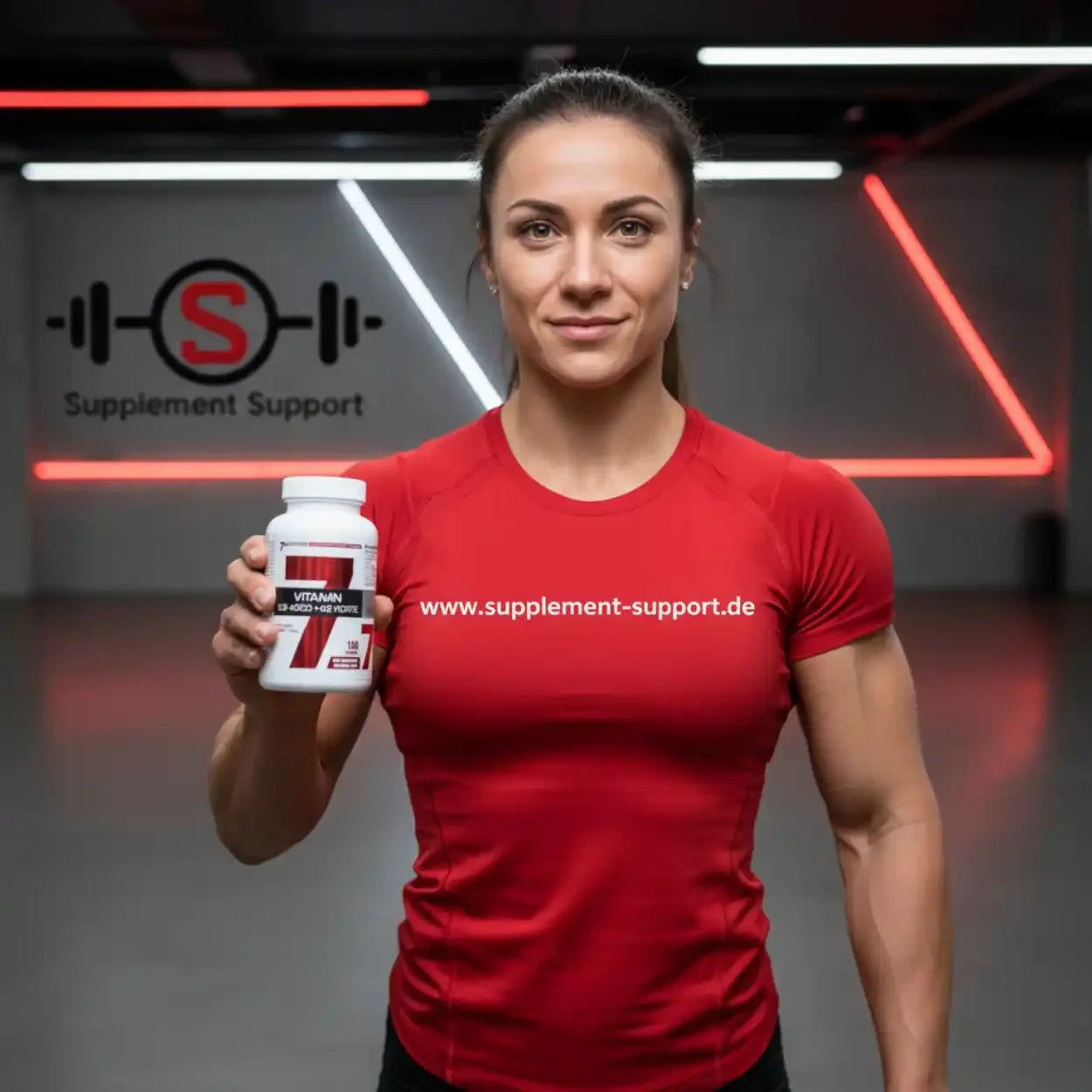 Frau mit Vitaminen und Nahrungsergänzungsmitteln von Supplement Support im Fitnessstudio