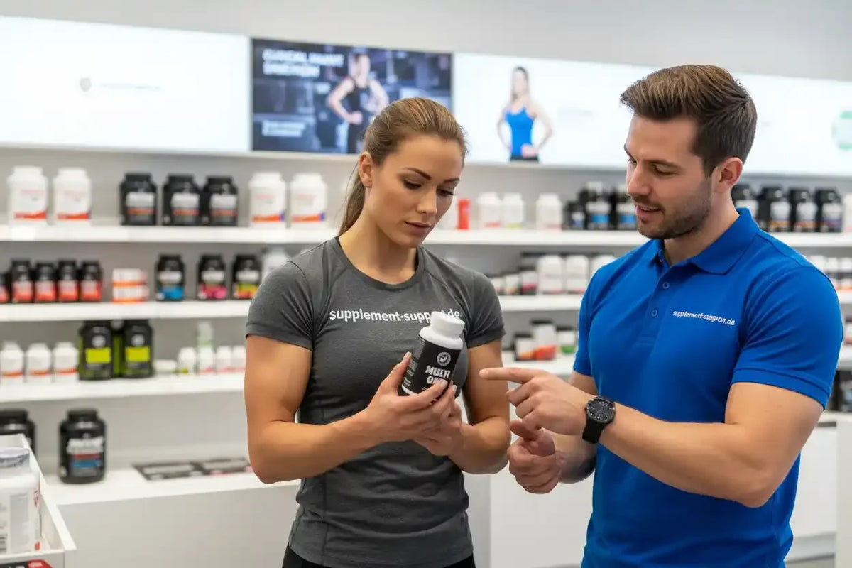 Mann und Frau betrachten Multi One Nahrungsergänzungsmittel im Supplement-Store