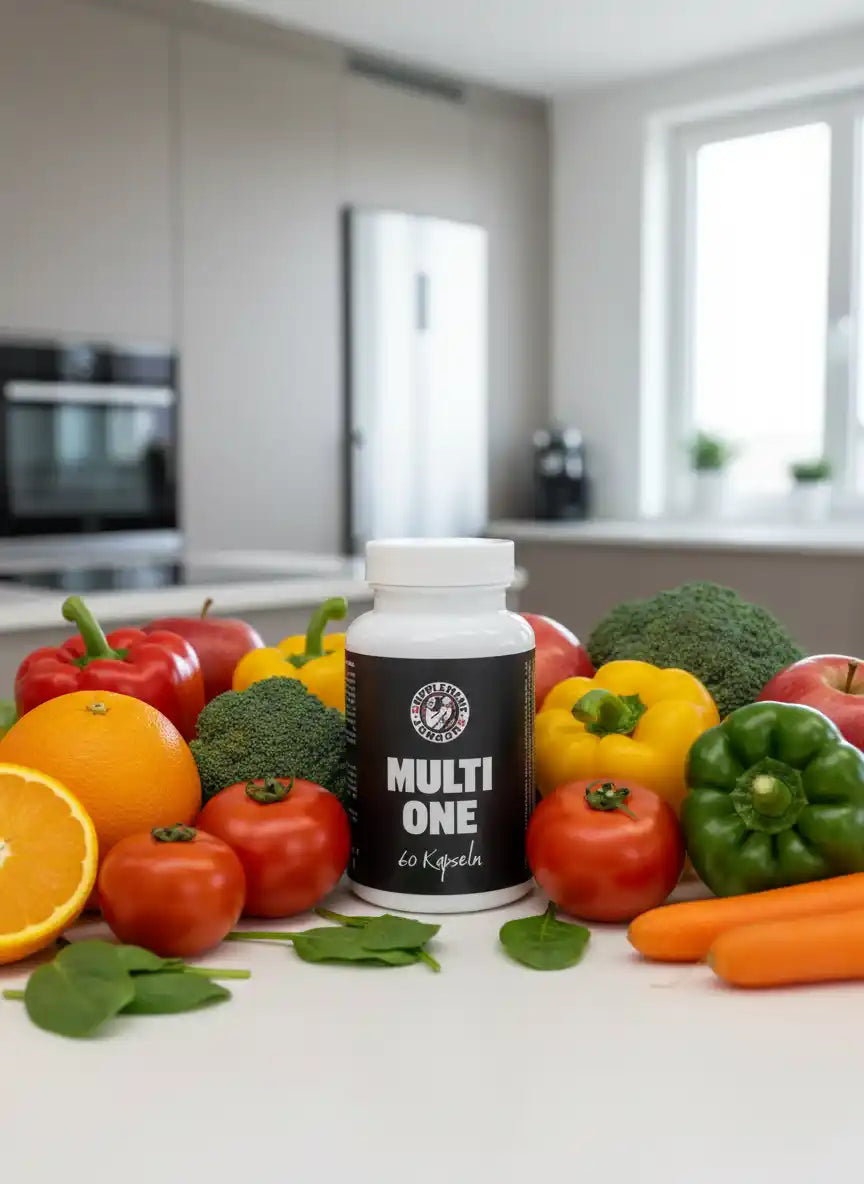 MULTI ONE Vitamine Kapseln mit frischem Gemüse und Obst in moderner Küche