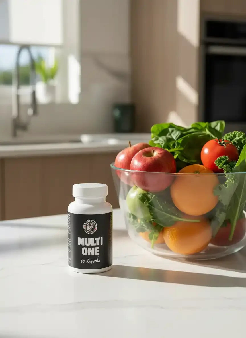 MULTI ONE Kapseln neben frischem Obst und Gemüse in der Küche – Nahrungsergänzungsmittel für Gesundheit & Sport
