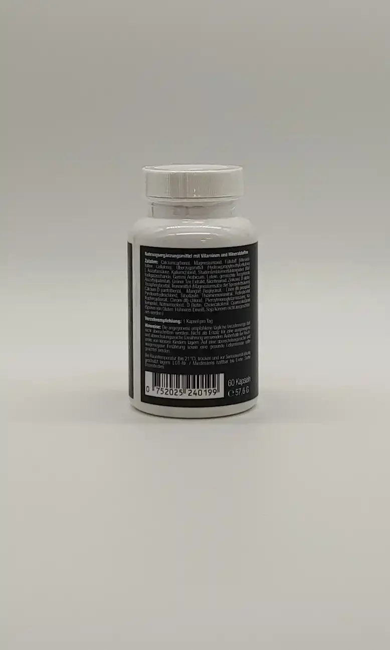 Nahrungsergänzungsmittel mit Vitaminen und Mineralstoffen, 60 Kapseln, weißes Fläschchen mit schwarzer Beschriftung