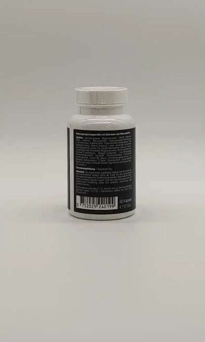 Nahrungsergänzungsmittel mit Vitaminen und Mineralstoffen, 60 Kapseln, weißes Fläschchen mit schwarzer Beschriftung