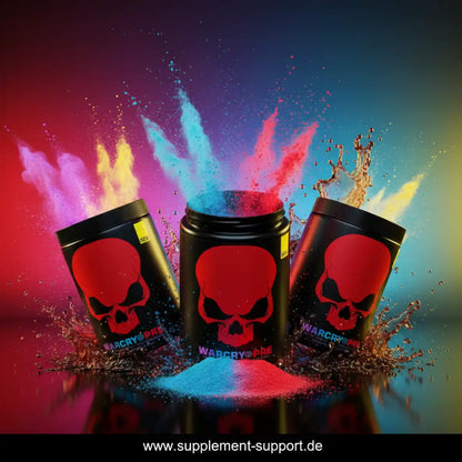 Wargry Pre Workout Booster mit farbigen Pulvern und Schädel-Design für Sportnahrung