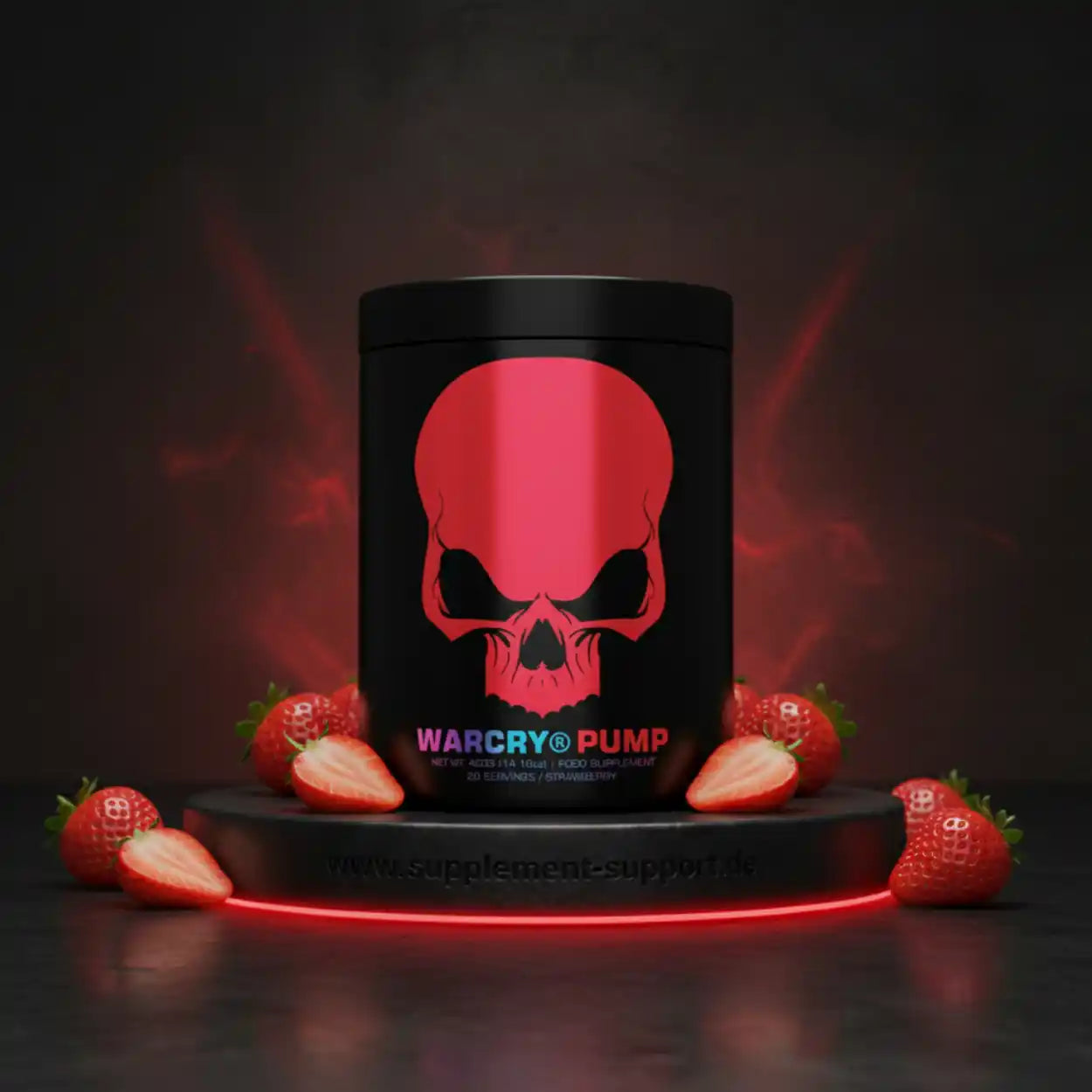 Warcry Pump Pre-Workout mit Erdbeergeschmack, Nahrungsergänzungsmittel für Sportler, roter Schädel-Design