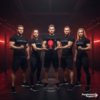 Muskelgruppe mit Protein-Booster in rotem Studio, ideal für Sportnahrung und Vitamine