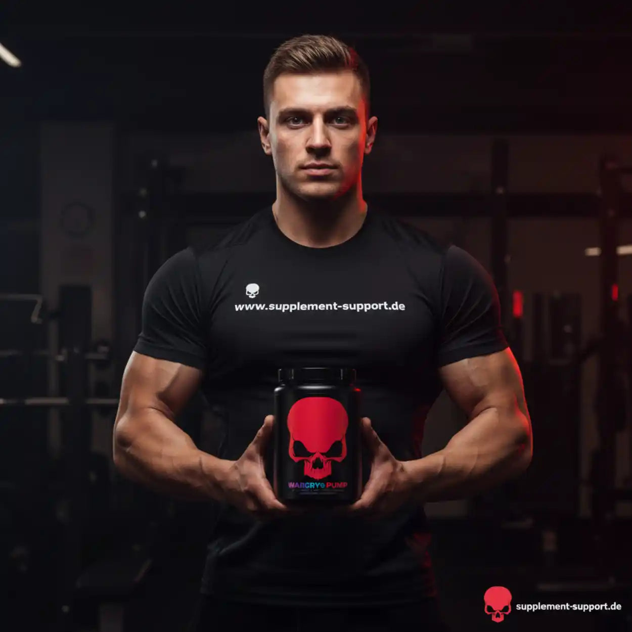 Muskulöser Mann mit Protein-Booster im Fitnessstudio, Nahrungsergänzungsmittel für Sportler