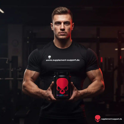 Muskulöser Mann mit Protein-Booster im Fitnessstudio, Nahrungsergänzungsmittel für Sportler