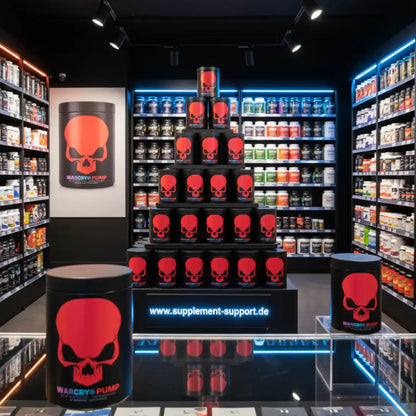 WarCry Pump Nahrungsergänzungsmittel im Shop mit beleuchteten Regalen und Produkten