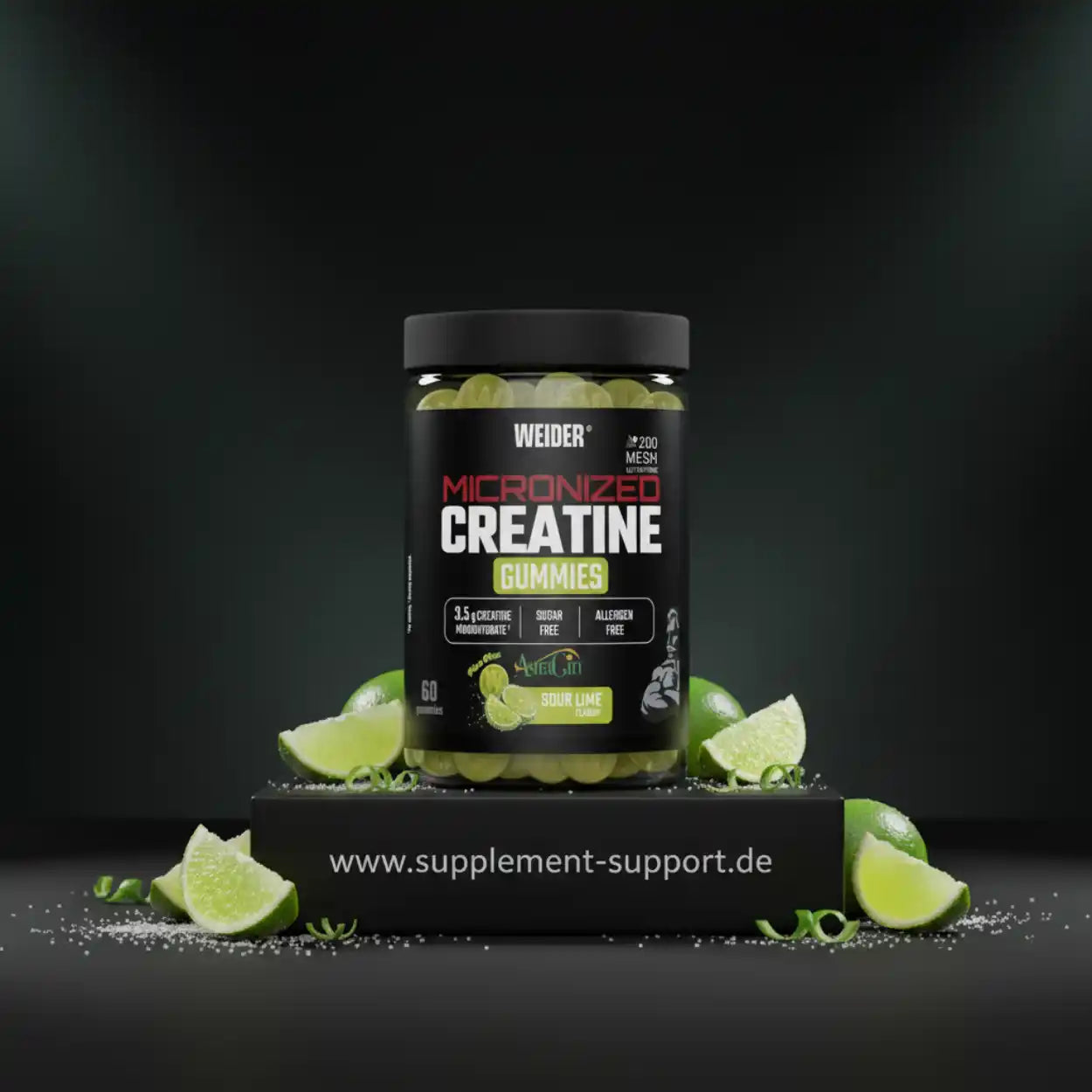 Micronized Creatine Gummies mit Sour Lime Geschmack, zuckerfrei, allergenfrei, 60 Stück