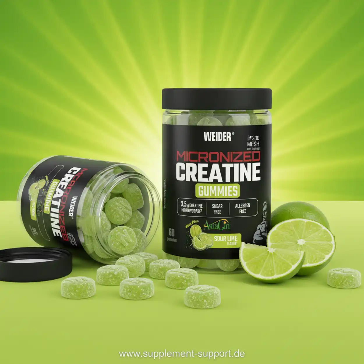 Micronized Creatine Gummies in Sour Lime Geschmack, zuckerfrei und allergenfrei, ideal für Sportler