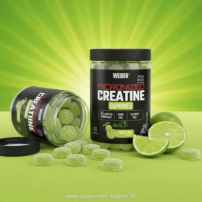 Micronized Creatine Gummies in Sour Lime Geschmack, zuckerfrei und allergenfrei, ideal für Sportler