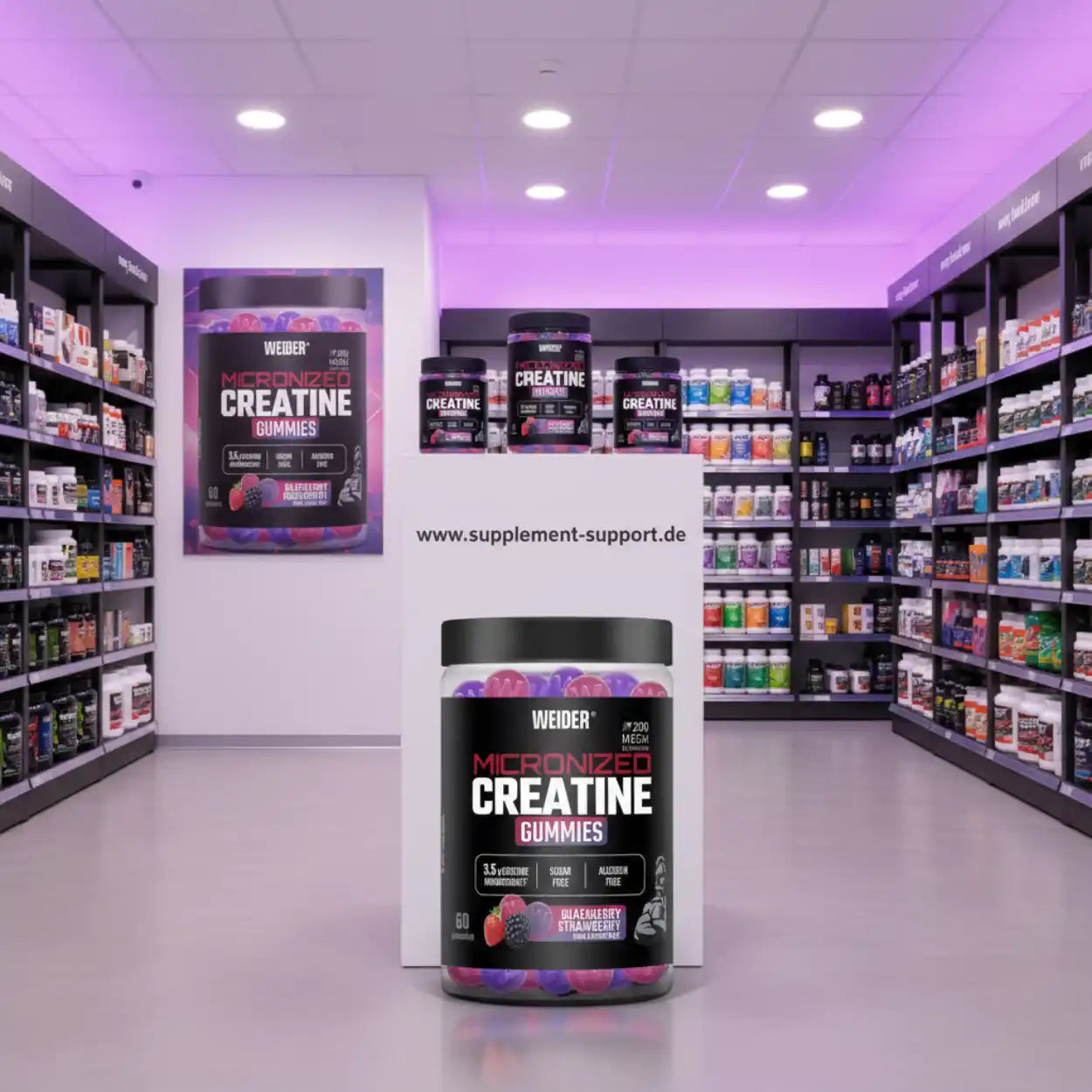 Micronized Creatine Gummies in einem Supplement-Shop mit leuchtendem Violettlicht