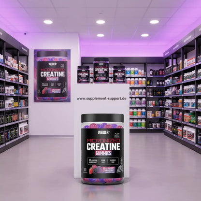 Micronized Creatine Gummies in einem Supplement-Shop mit leuchtendem Violettlicht
