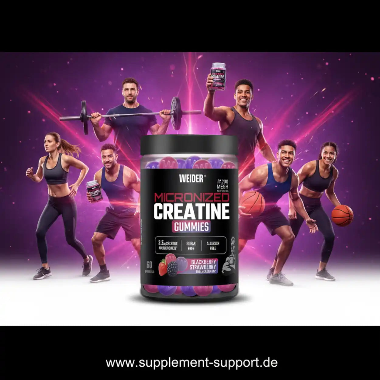 Micronized Creatine Gummies von WEIDER, ideal für Sportler mit Blackberry-Strawberry-Geschmack