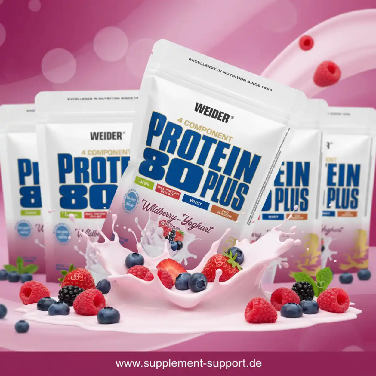 Weider Protein 80 Plus Wildberry-Yoghurt mit Beeren und Milchspritzer