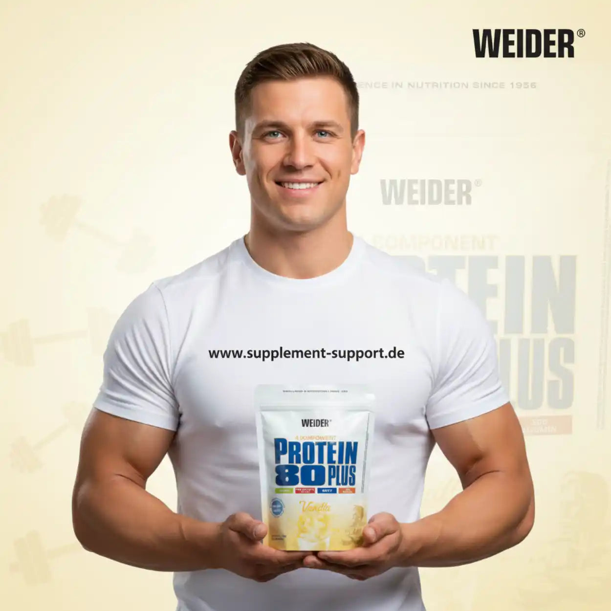 Muskulöser Mann hält Weider Protein 80 Plus Vanille – hochwertiges Eiweißpulver für Sportler