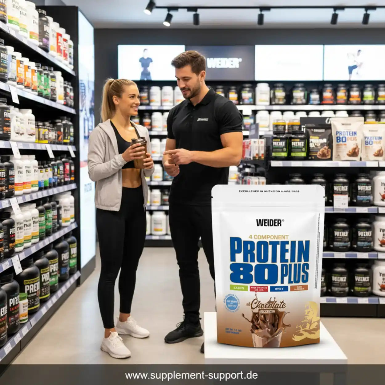 WEIDER Protein 80 Plus Schokolade in Sportnahrungsgeschäft mit Kunden und Beratung