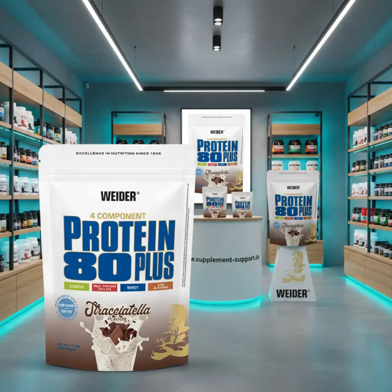 Weider Protein 80 Plus Stracciatella in moderner Supplement-Shop-Umgebung