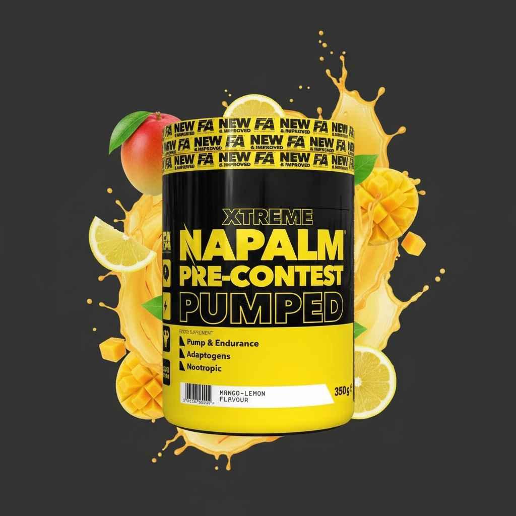 Xtreme Napalm Pre-Workout Booster Mango-Zitrone, 350g Dose vor schwarzem Hintergrund mit Mango- und Zitronenscheiben