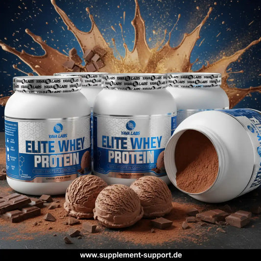 Elite Whey Protein Pulver in Schokoladen-Eis-Cream-Geschmack mit Schokoladenstückchen und Spritzer
