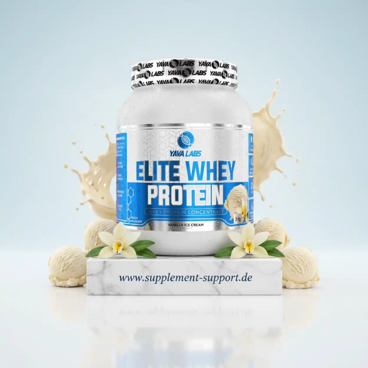 Elite Whey Protein Vanille-Eiscreme von Yava Labs, hochwertiges Proteinpulver mit Vanilleschoten und Eiscreme