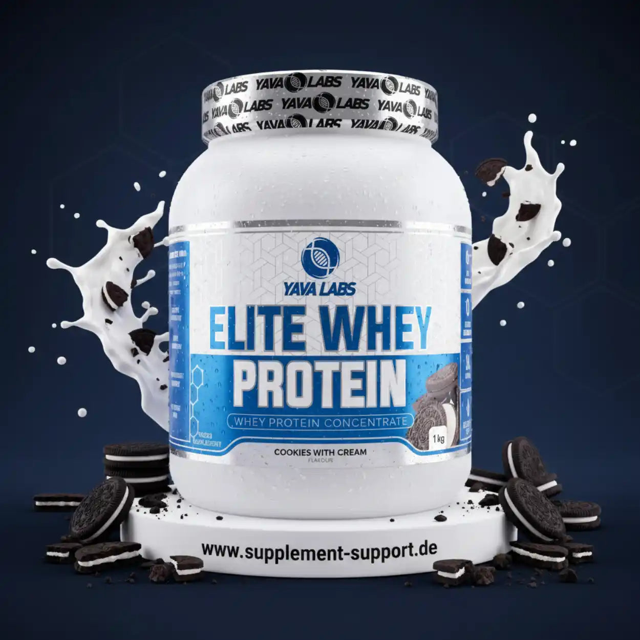 Yava Labs Elite Whey Protein Cookies with Cream Geschmack, 1 kg Eiweißpulver mit Milch- und Keks-Splash