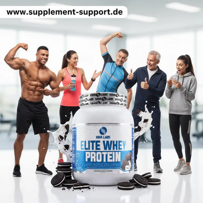 Elite Whey Protein von Yava Labs, Cookies with Cream Geschmack, umgeben von Sportlern und Keksen