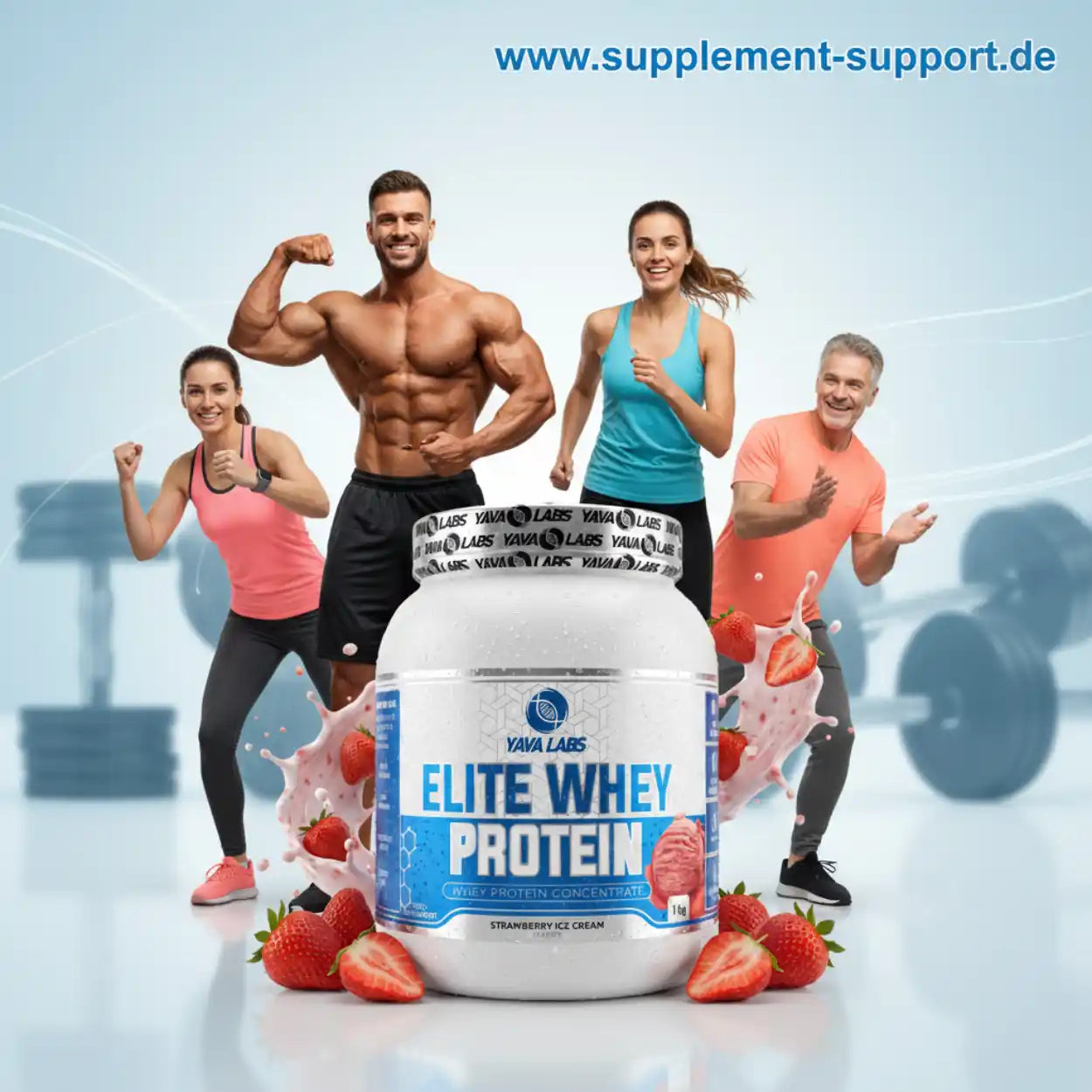 Elite Whey Protein Erdbeer-Eis-Creme von Yava Labs mit Sportlern im Hintergrund