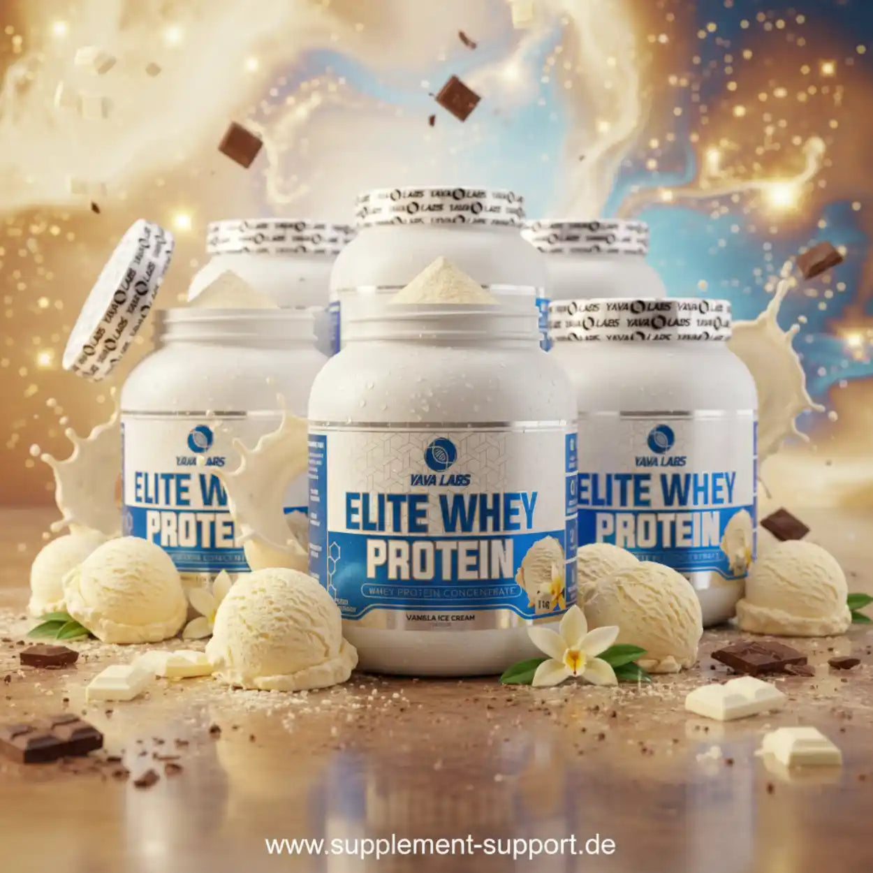 Elite Whey Protein Vanille-Eiscreme, hochwertiges Proteinpulver mit Schokolade und Vanilleblüten