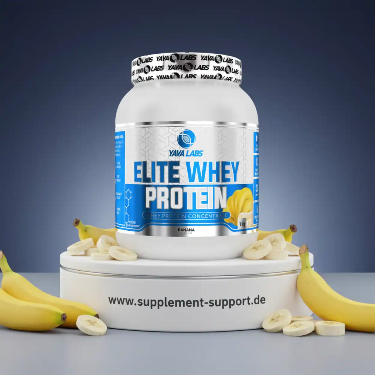 Yava Labs Elite Whey Protein Banane, 1kg Eiweißpulver mit Bananen umgeben